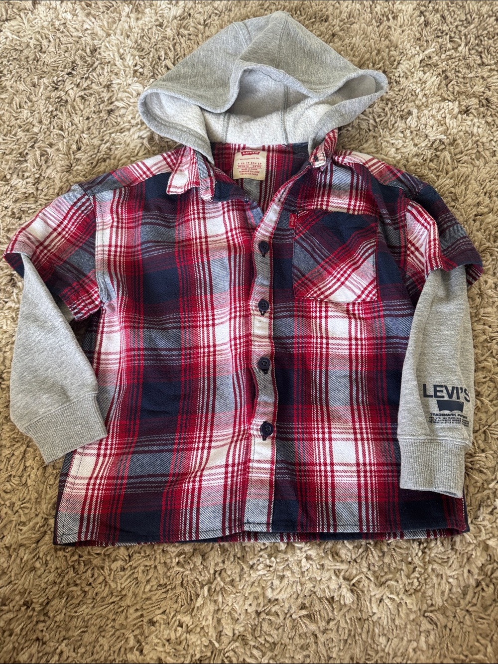 Levi's Kids Red & Navy Plaid Hooded Button-Down Shirt